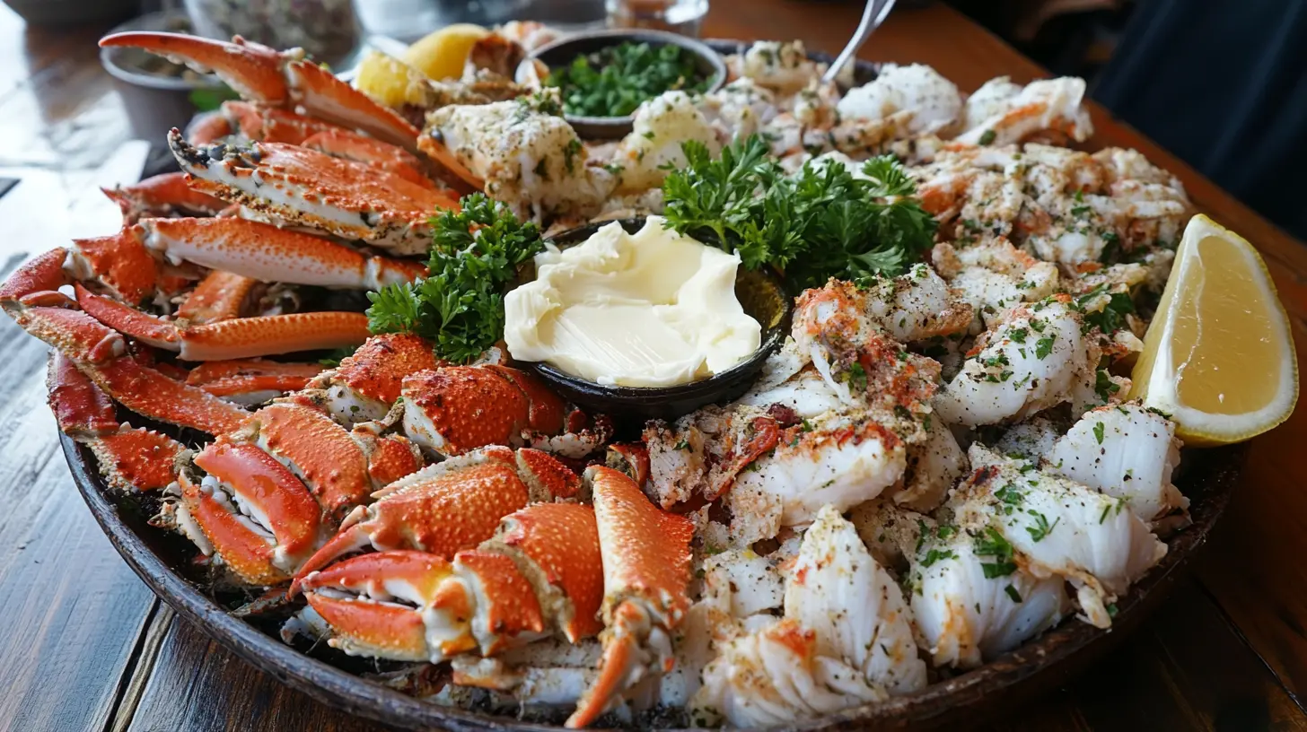 Snow crab clusters platter with lemon wedges and butter