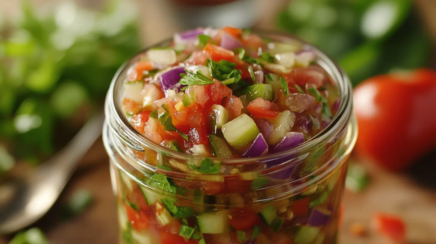 Jar of homemade chow chow relish with colorful vegetables